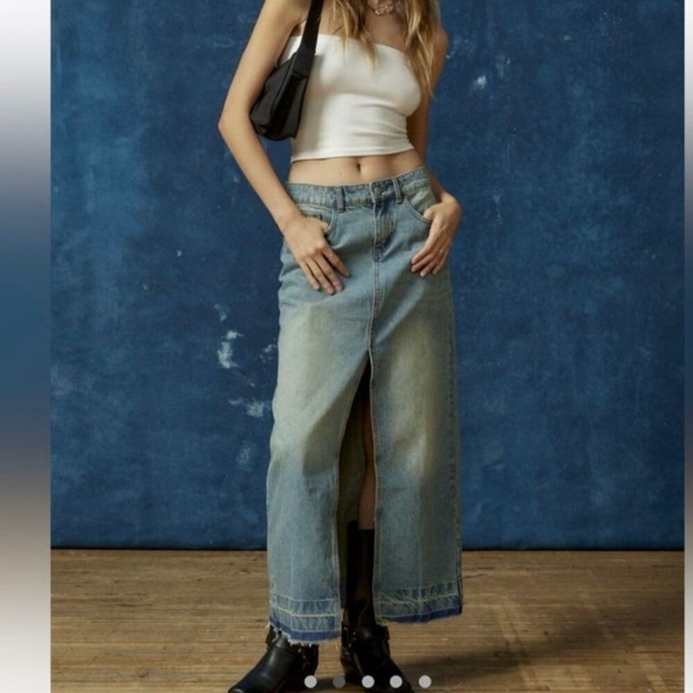BDG Denim Maxi Skirt Blue Raw Hem Small Urban Outfitters Cotton - Picture 2 of 12